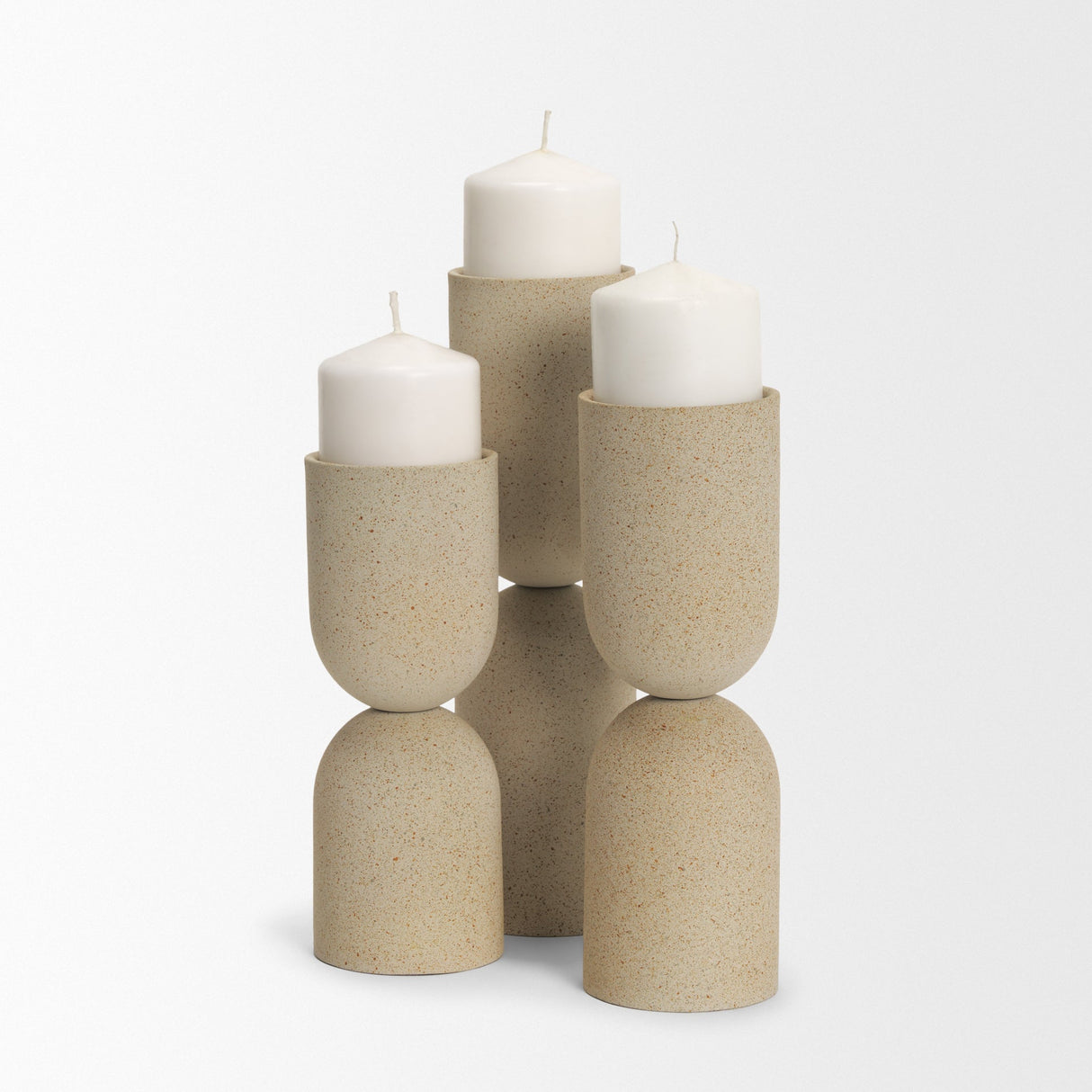 Qamra Tall Beige Textured Metal Pillar Candle Holder Candle Holder by Mercana at Eve Furniture