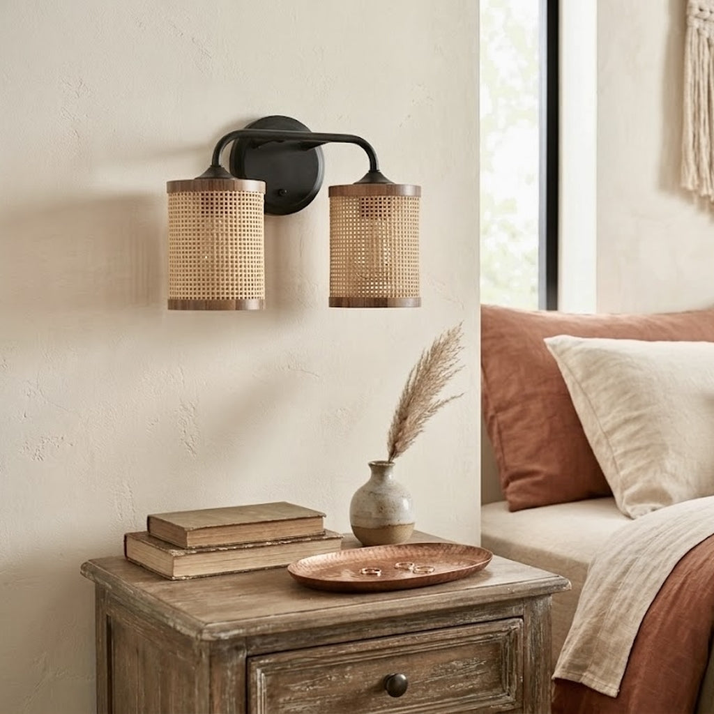 Quell 2-Light Rattan Wall Sconce with Black Metal Finish by Ashcroft Furniture at Eve Furniture