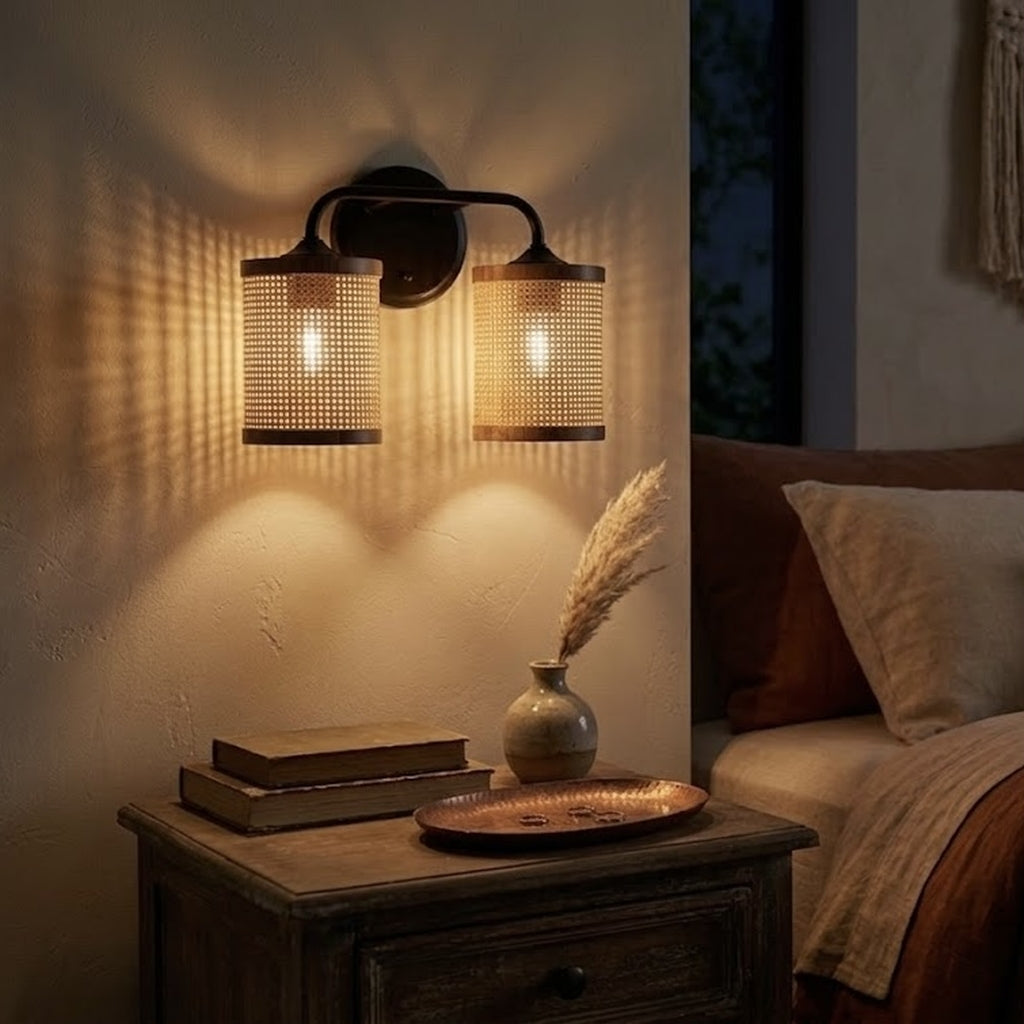 Quell 2-Light Rattan Wall Sconce with Black Metal Finish by Ashcroft Furniture at Eve Furniture