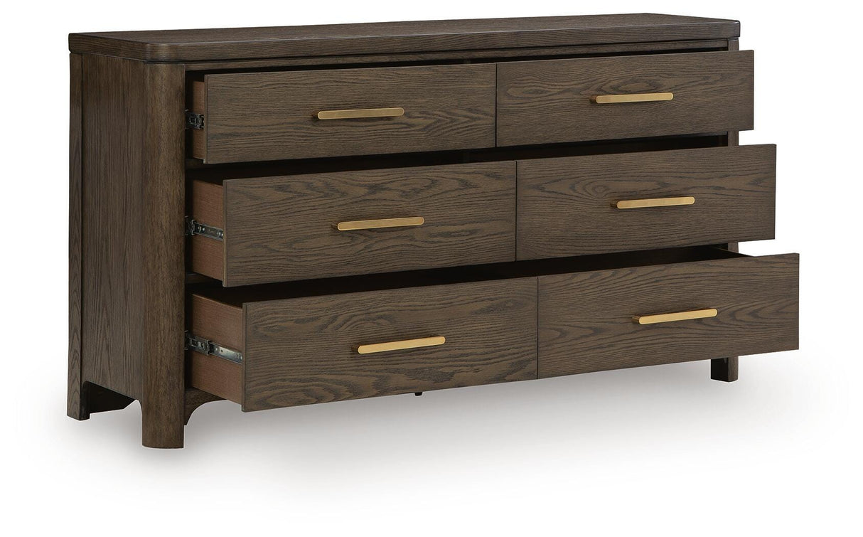 Radkin Burnished Brown Uphostered Panel Bedroom Set by Ashley at Eve Furniture