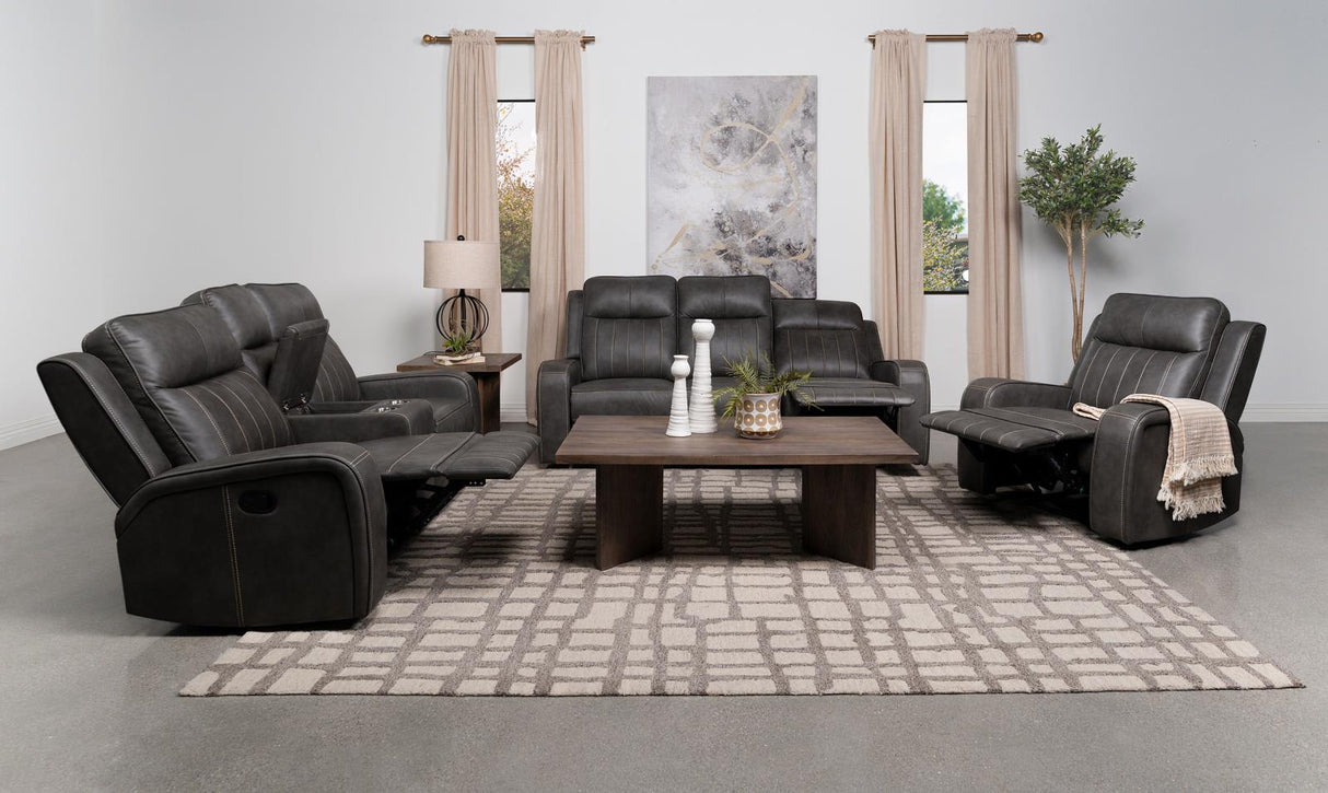Raelynn Gray Upholstered Motion Reclining Living Room Set by Coaster at Eve Furniture