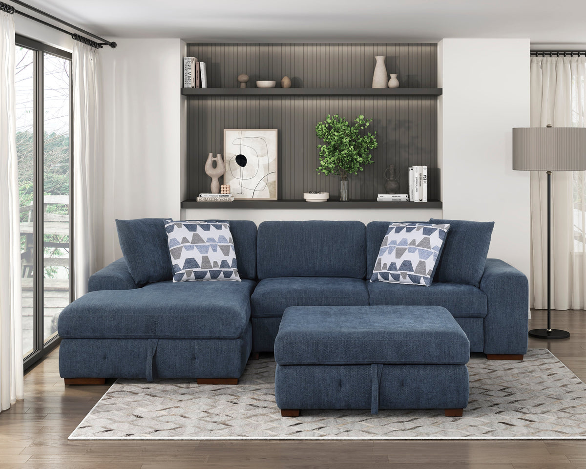 Raife Blue 3-Piece Sectional with Left Chaise and Ottoman by Homelegance at Eve Furniture
