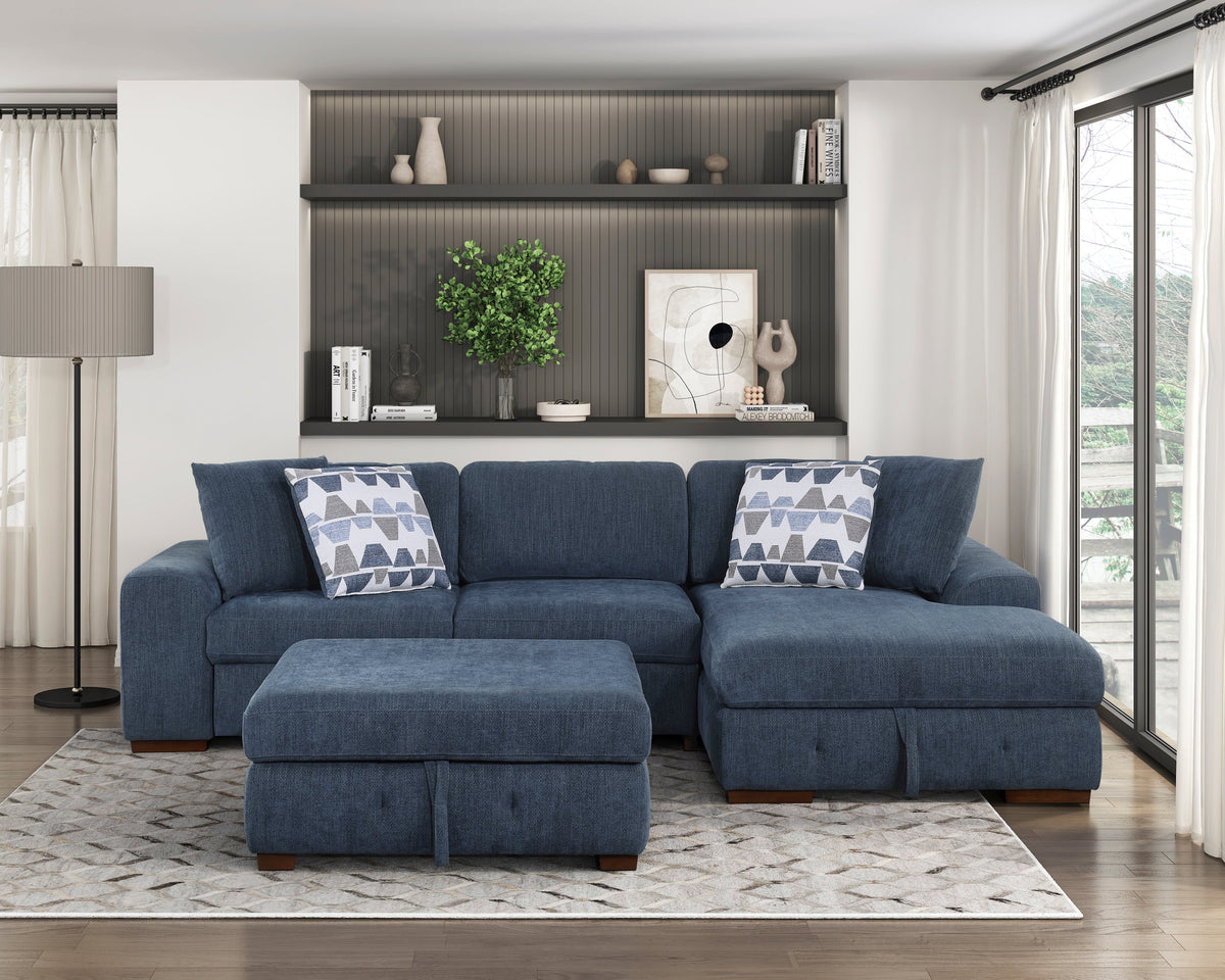 Raife Blue 3-Piece Sectional with Right Chaise and Ottoman by Homelegance at Eve Furniture