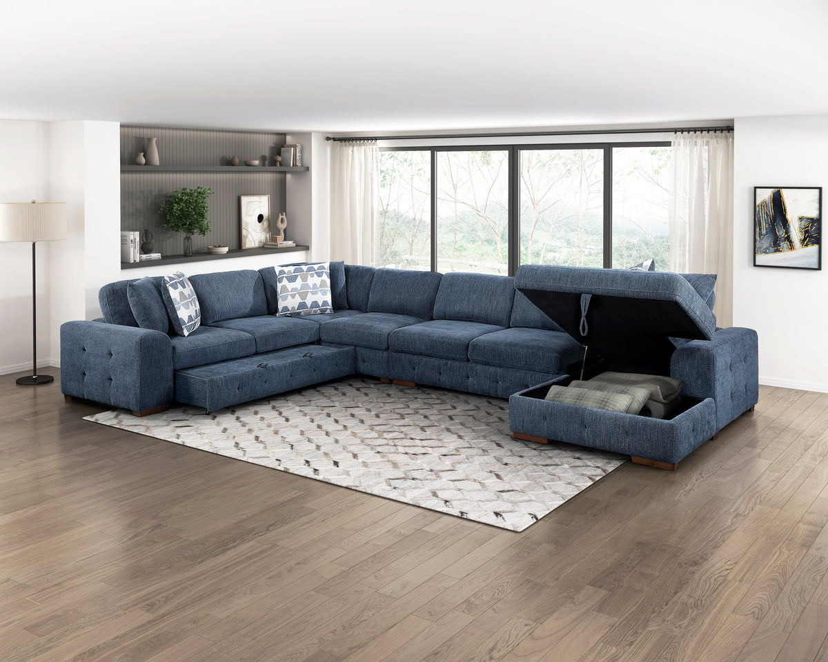 Raife Blue 5-Piece Sectional with Right Chaise and Pull-out Bed by Homelegance at Eve Furniture