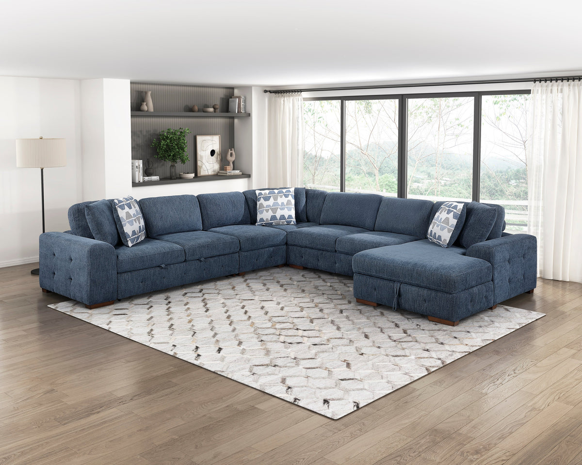 Raife Blue 5-Piece Sectional with Right Chaise and Pull-out Bed by Homelegance at Eve Furniture