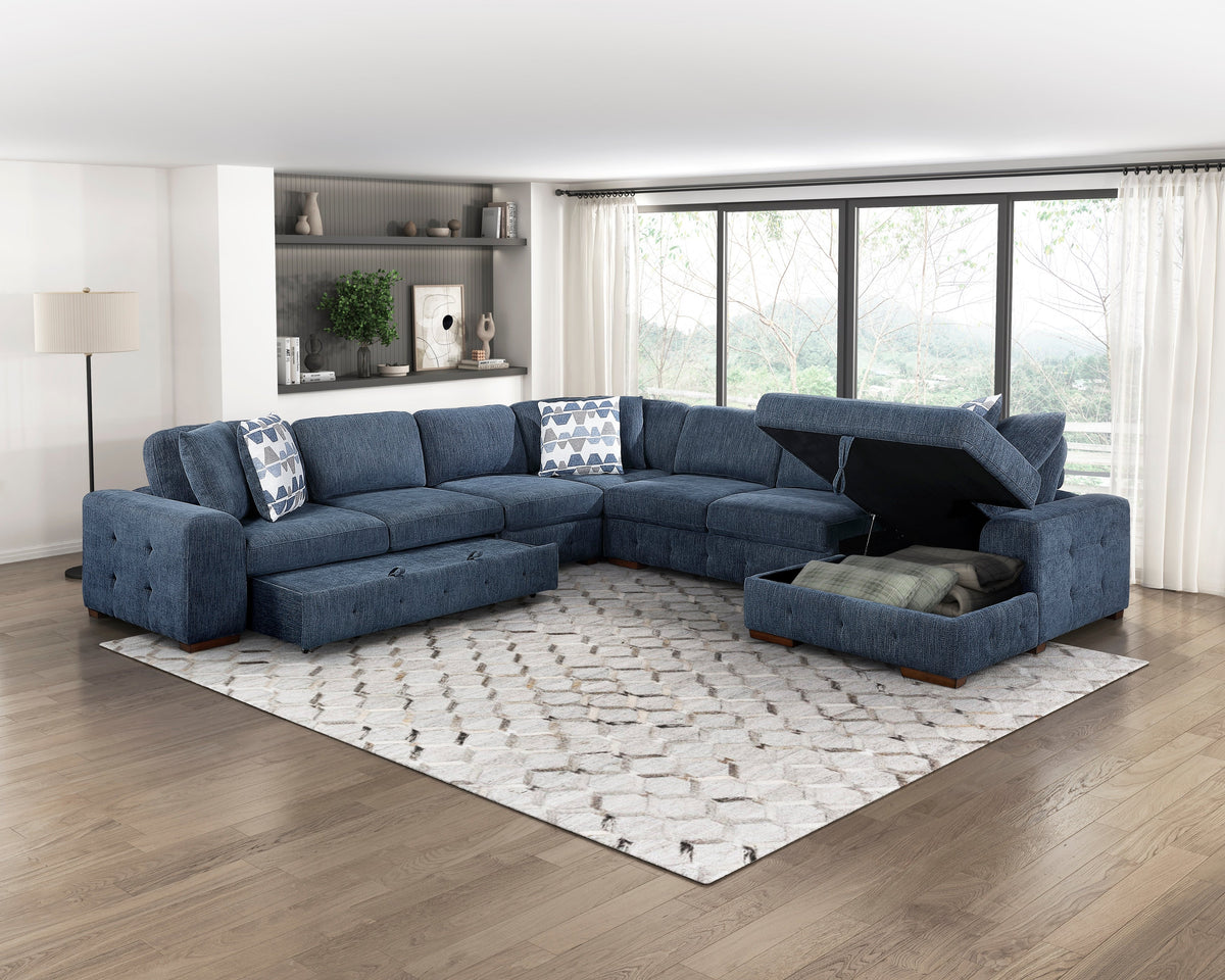 Raife Blue 5-Piece Sectional with Right Chaise and Pull-out Bed by Homelegance at Eve Furniture