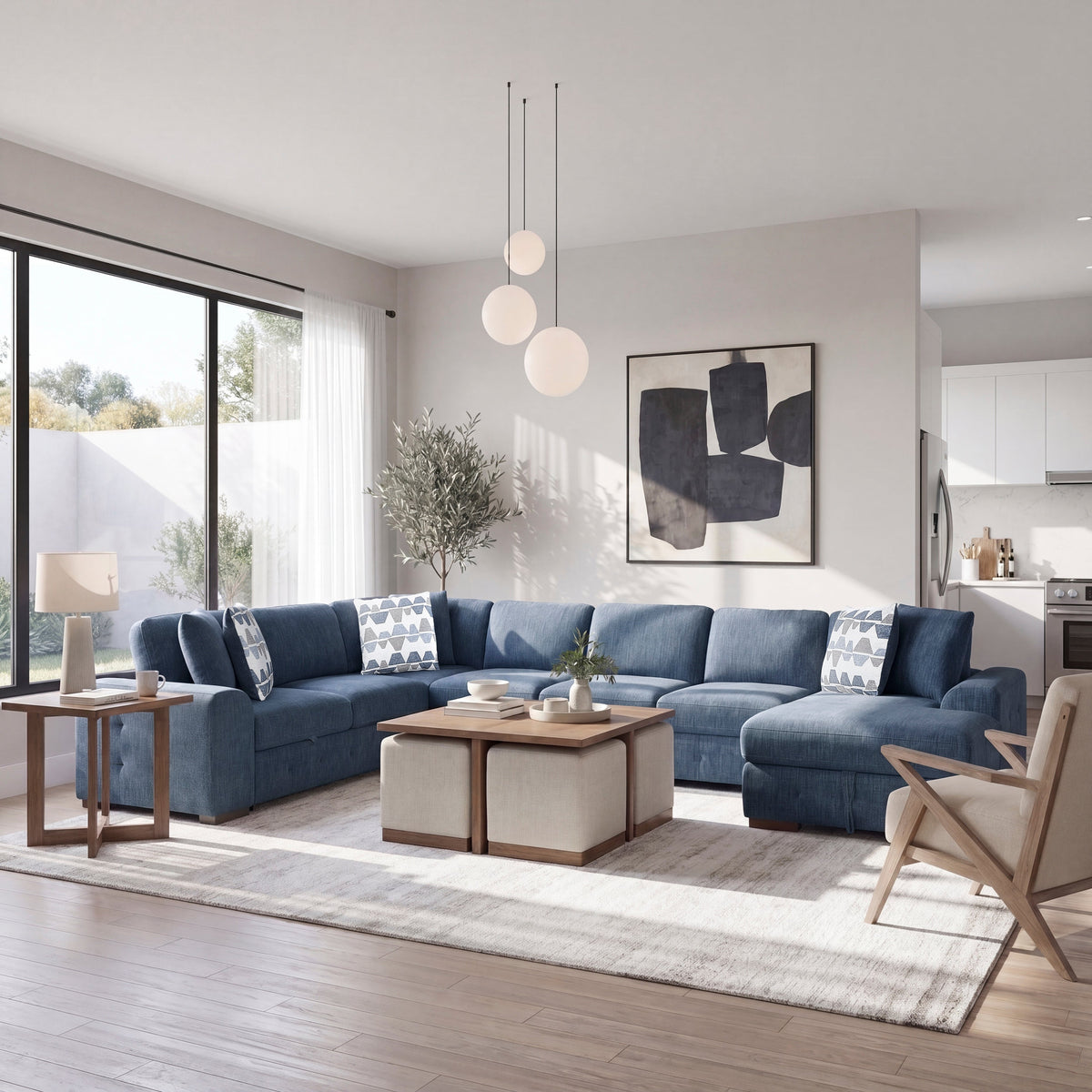 Raife Blue 5-Piece Sectional with Right Chaise and Pull-out Bed by Homelegance at Eve Furniture