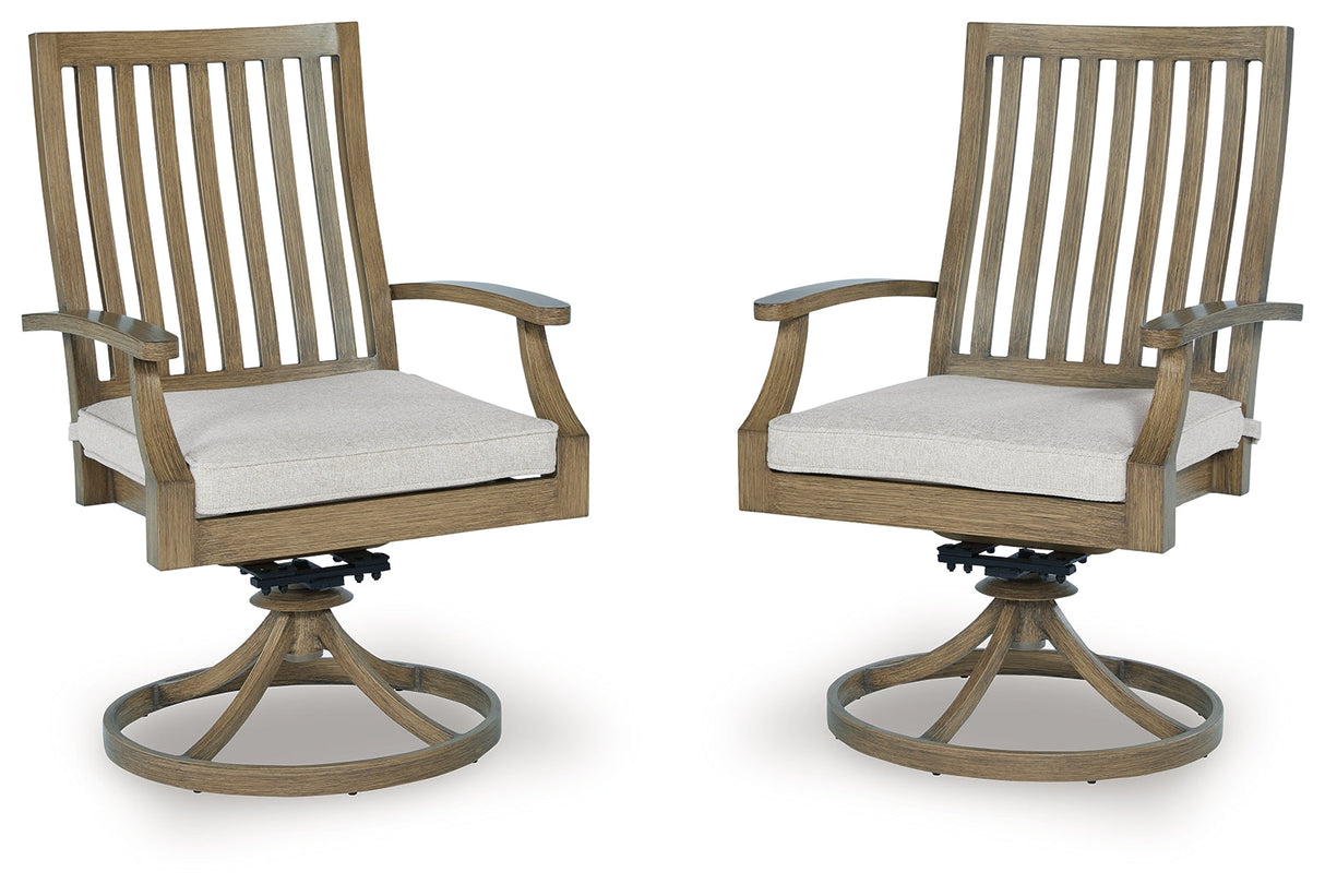 Rainier Ranch Brown/Beige Outdoor Swivel Chair with Cushion (Set of 2) by Ashley at Eve Furniture