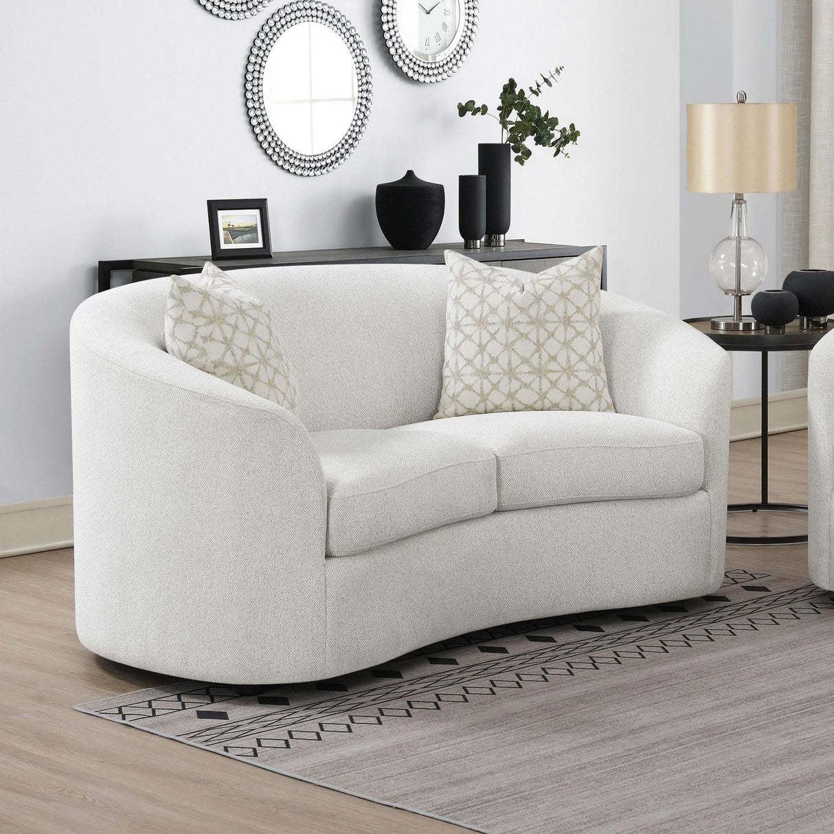 Rainn Latte Upholstered Tight Back Loveseat by Coaster at Eve Furniture