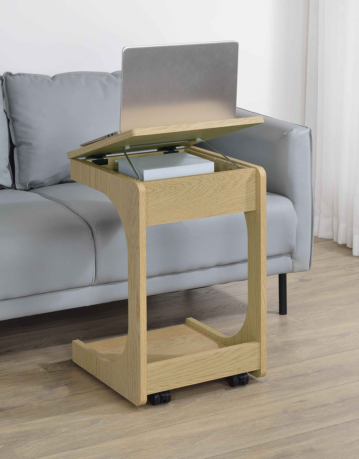 Ralston Light Oak C-Shaped Lift-Top Sofa Side Table With Casters by Coaster at Eve Furniture