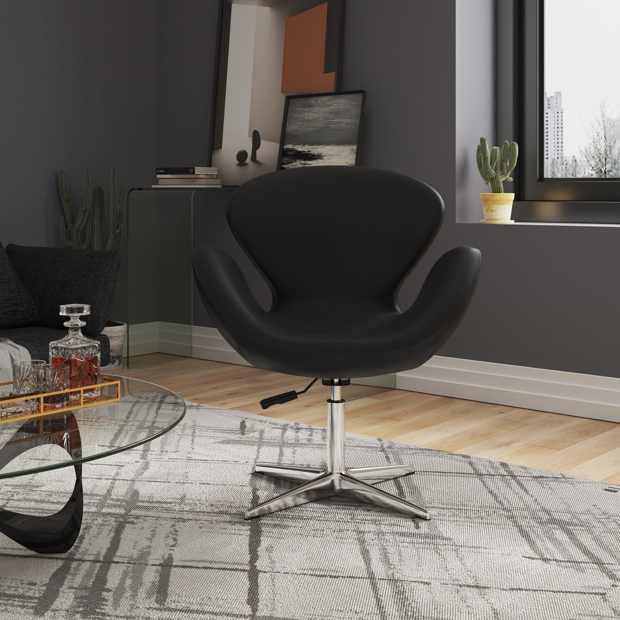 Raspberry Faux Leather Adjustable Swivel Chair in Black and Polished Chrome by Manhattan Comfort at Eve Furniture