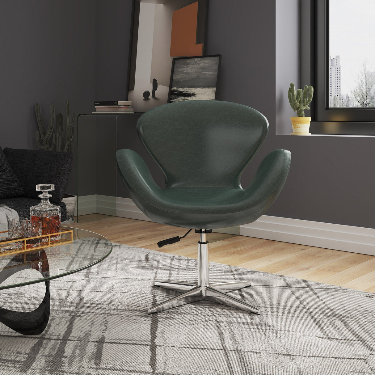 Raspberry Faux Leather Adjustable Swivel Chair in Forest Green and Polished Chrome by Manhattan Comfort at Eve Furniture