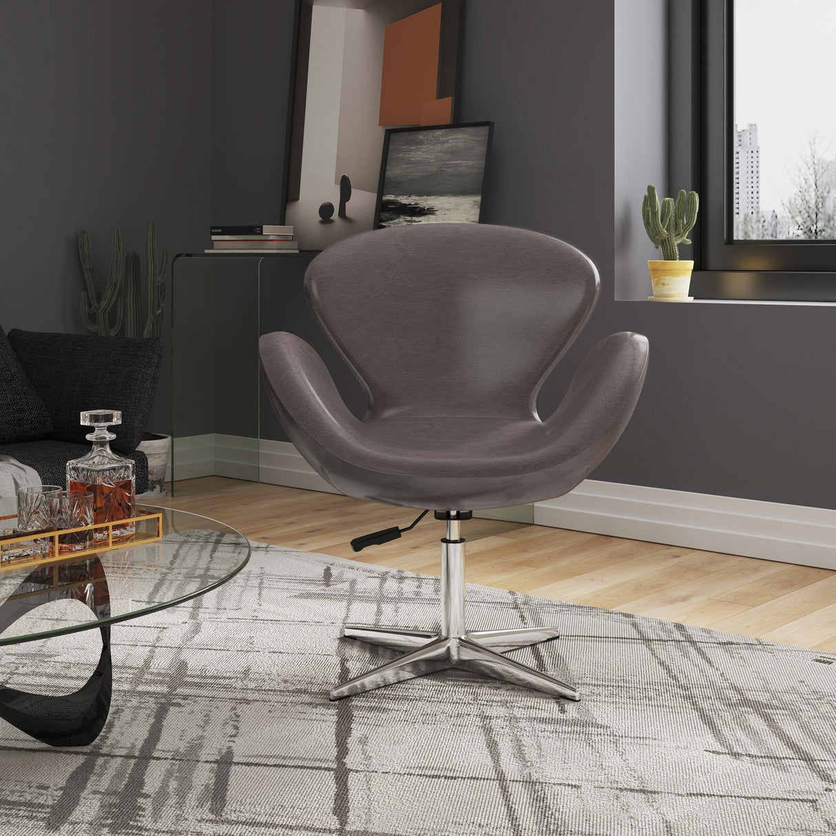 Raspberry Faux Leather Adjustable Swivel Chair in Pebble and Polished Chrome by Manhattan Comfort at Eve Furniture