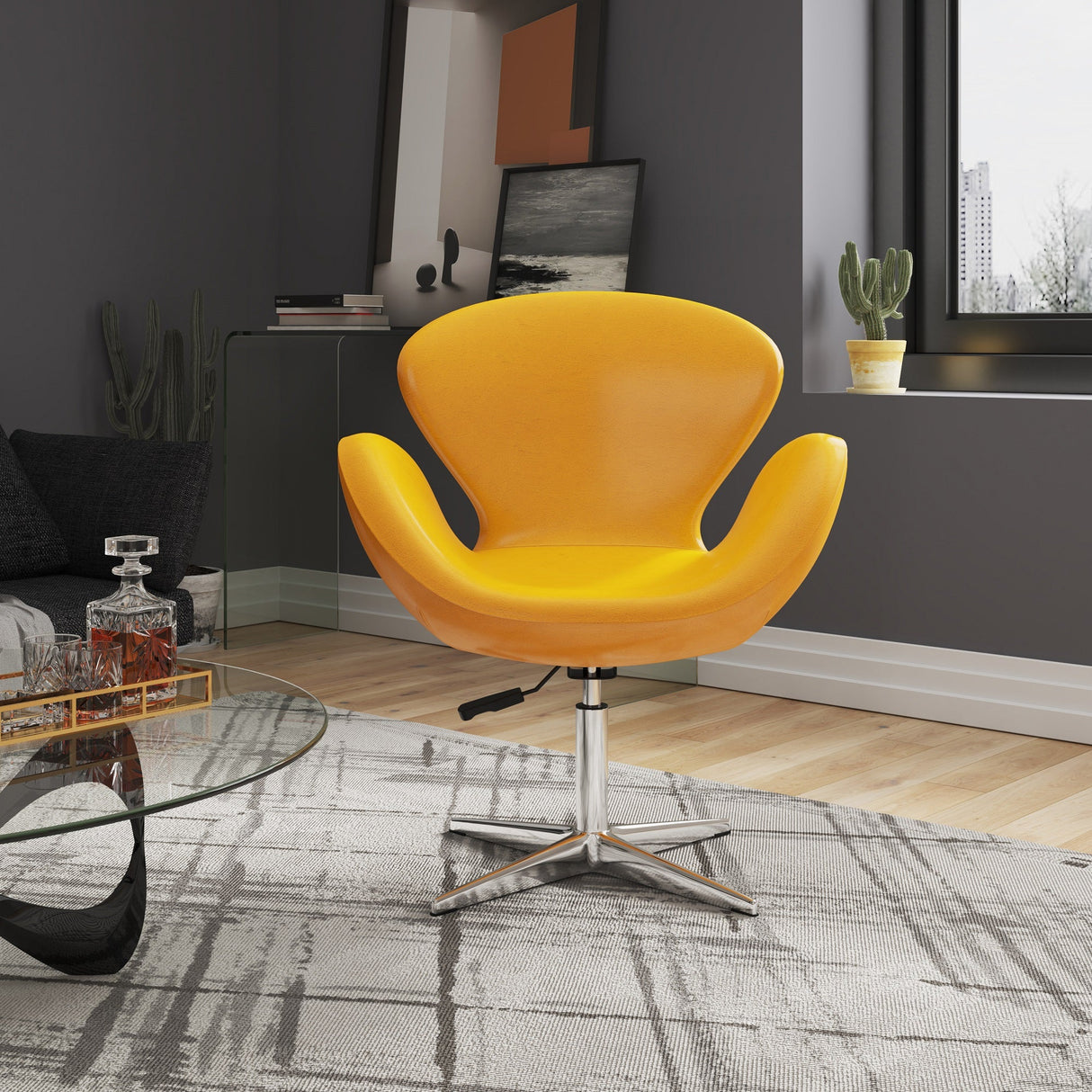 Raspberry Faux Leather Adjustable Swivel Chair in Yellow and Polished Chrome by Manhattan Comfort at Eve Furniture