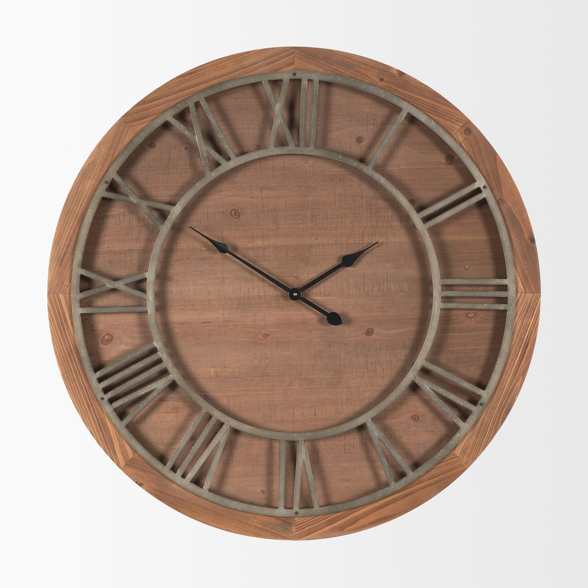 Raul Medium Brown Wood W/ Silver Metal Wall Clock by Mercana at Eve Furniture
