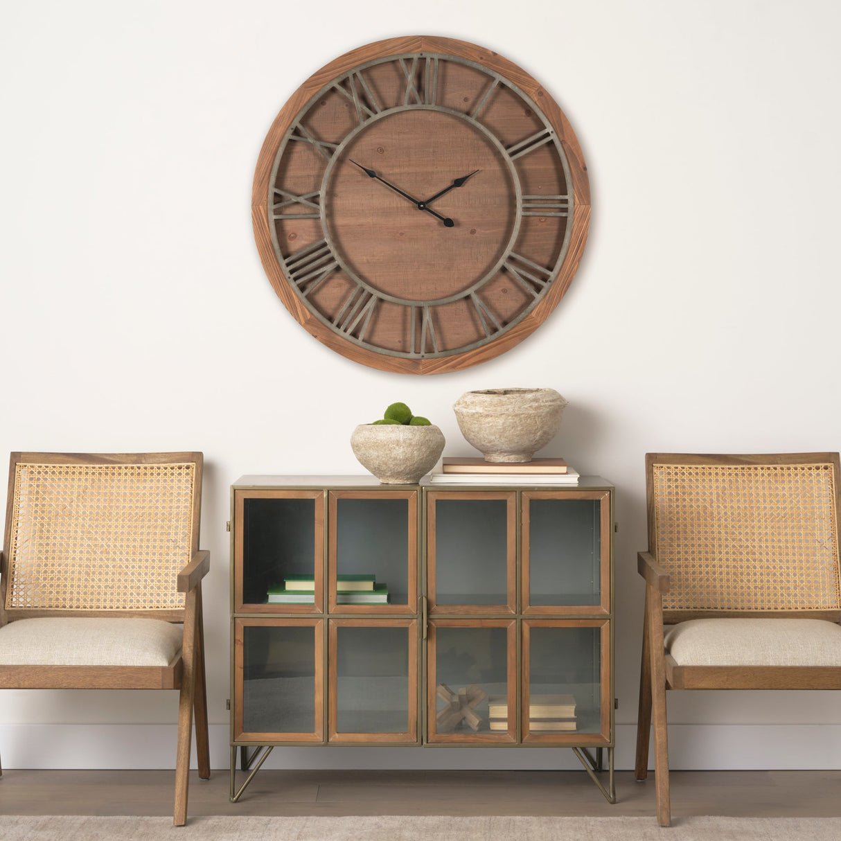 Raul Medium Brown Wood W/ Silver Metal Wall Clock by Mercana at Eve Furniture