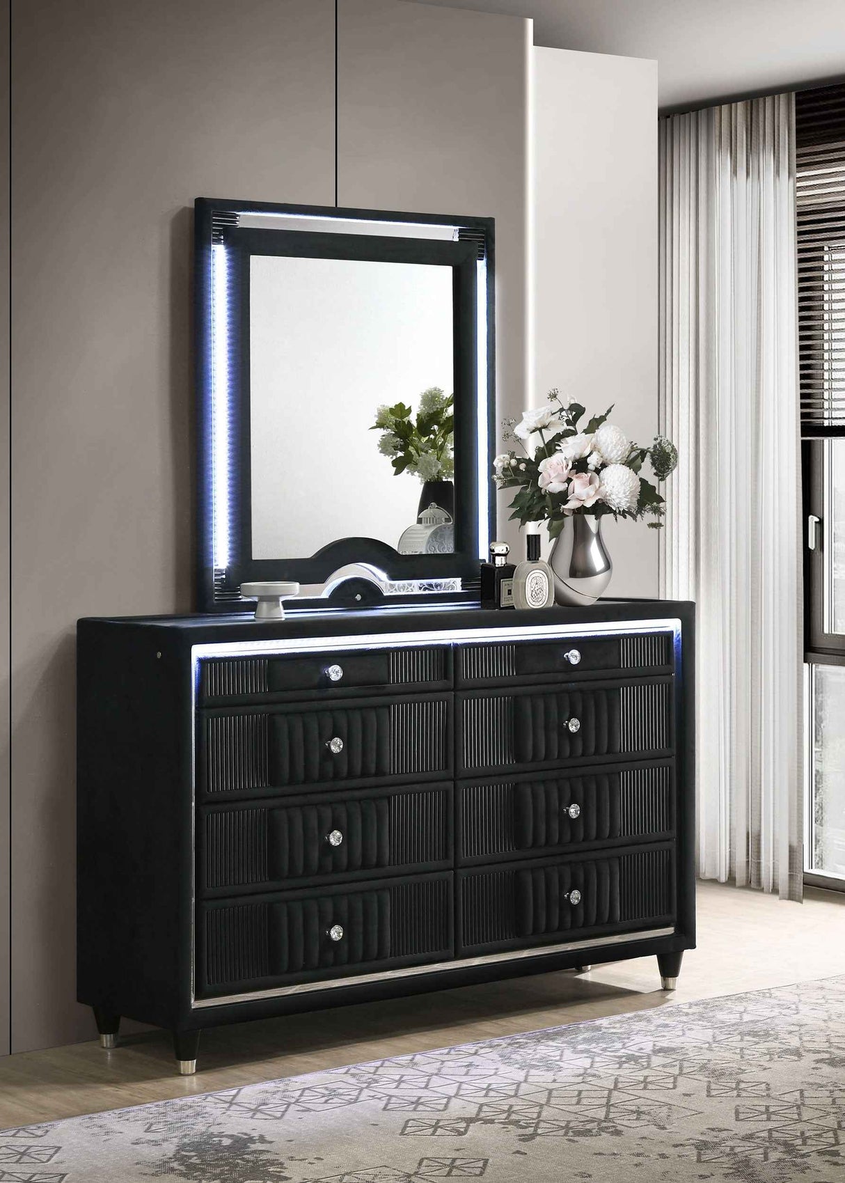 Ravenne Black 8-drawer Velvet Upholstered LED Dresser and Mirror by Coaster at Eve Furniture
