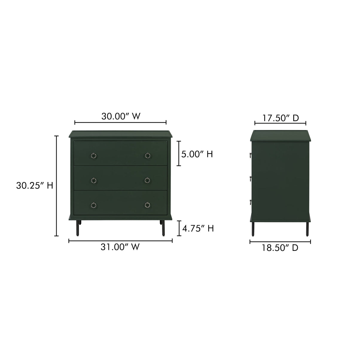 Reagan Deep Green 3 Drawer Nightstand by MOES at Eve Furniture