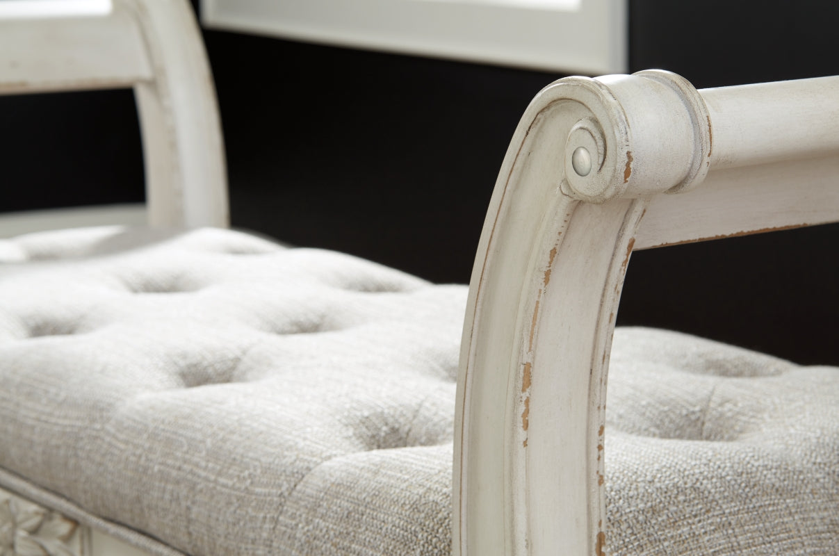 Realyn Antique White Accent Bench by Ashley at Eve Furniture