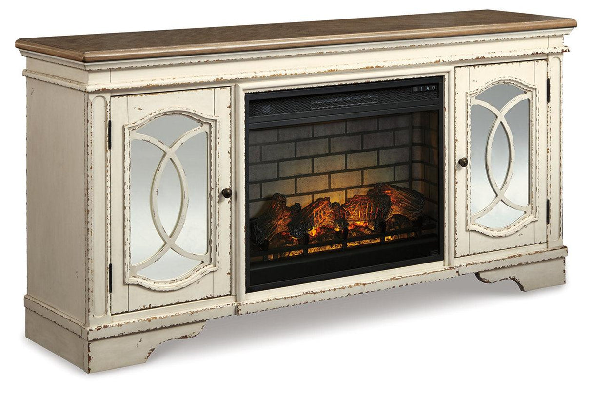 Realyn Chipped White 74" TV Stand with Electric Fireplace by Ashley at Eve Furniture