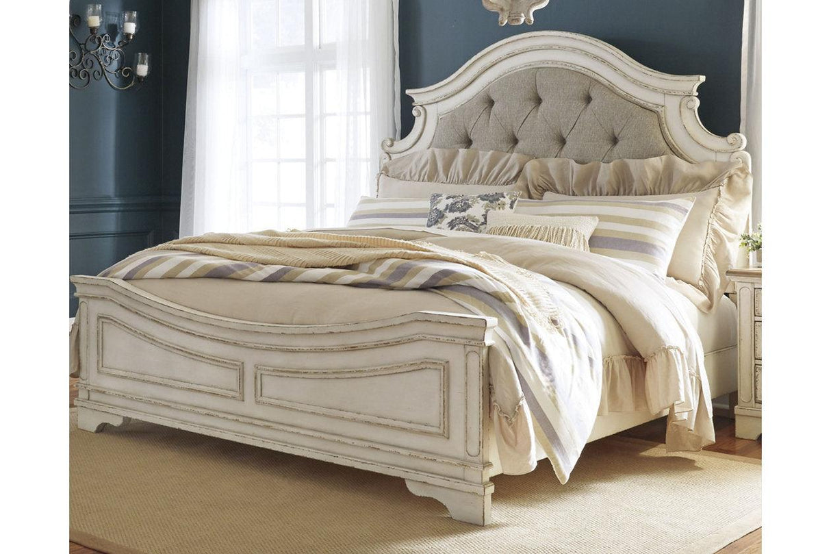 Realyn Chipped White California King Upholstered Panel Bed by Ashley at Eve Furniture