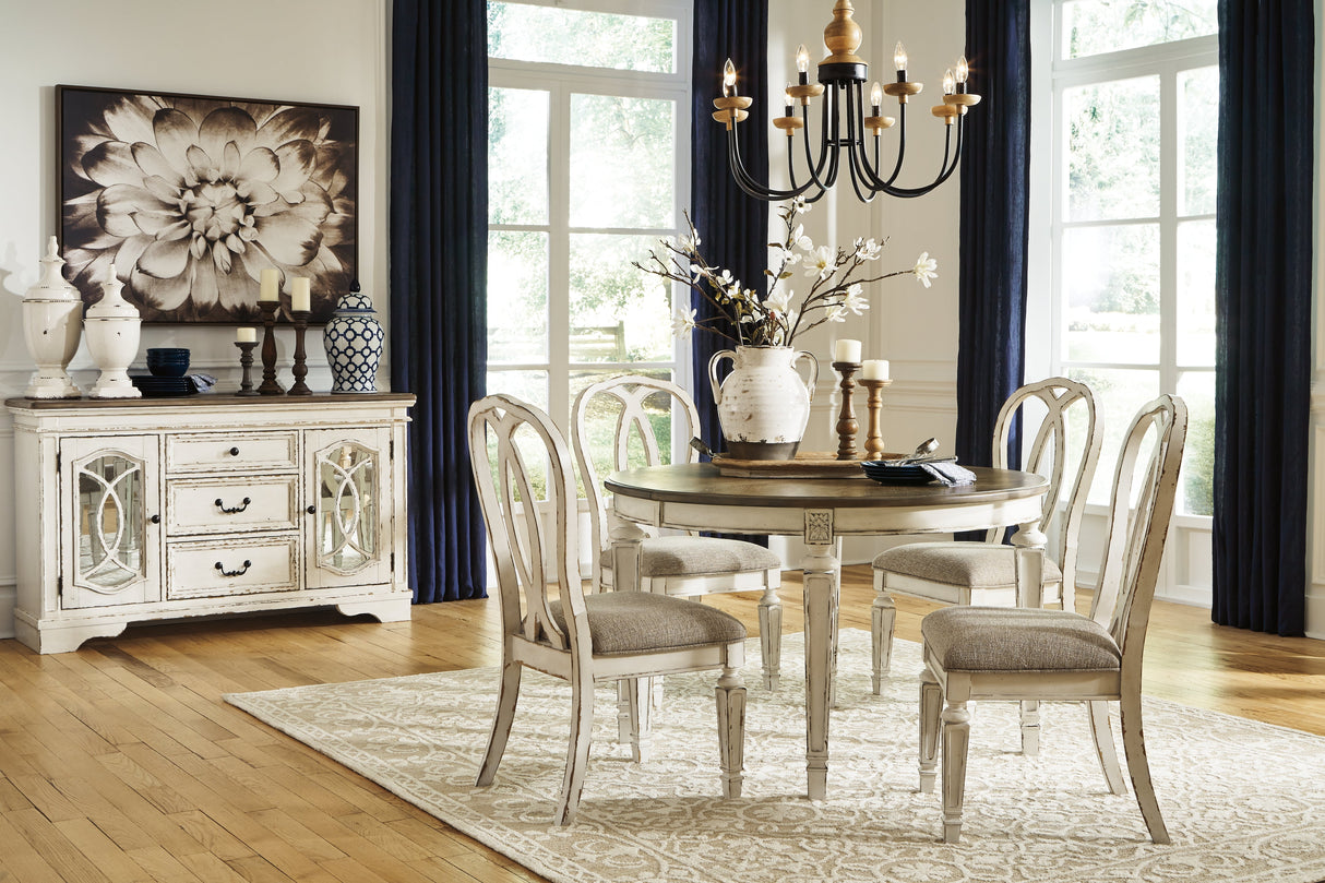Realyn Chipped White Dining Table and 8 Ribbon Back Chairs by Ashley at Eve Furniture