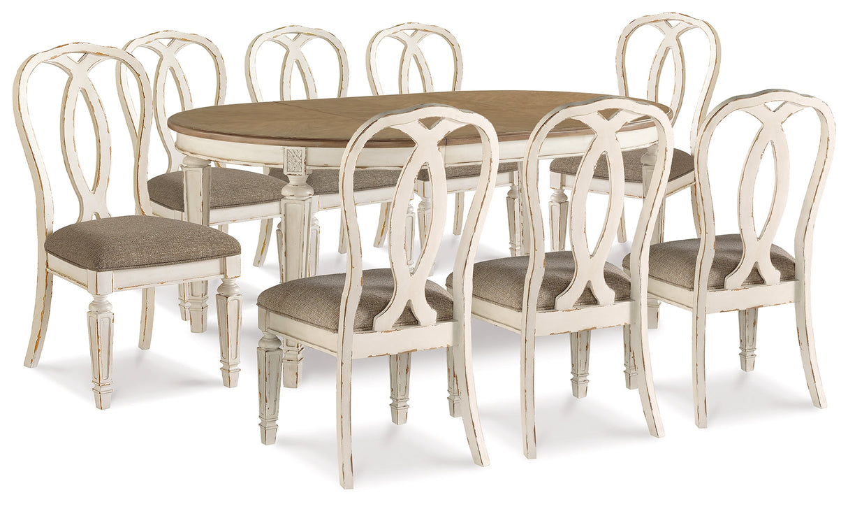 Realyn Chipped White Dining Table and 8 Ribbon Back Chairs by Ashley at Eve Furniture