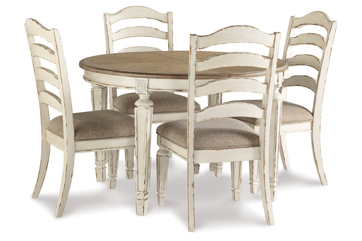 Realyn Chipped White Oval Dining Table and 4 Ladder Back Chairs by Ashley at Eve Furniture