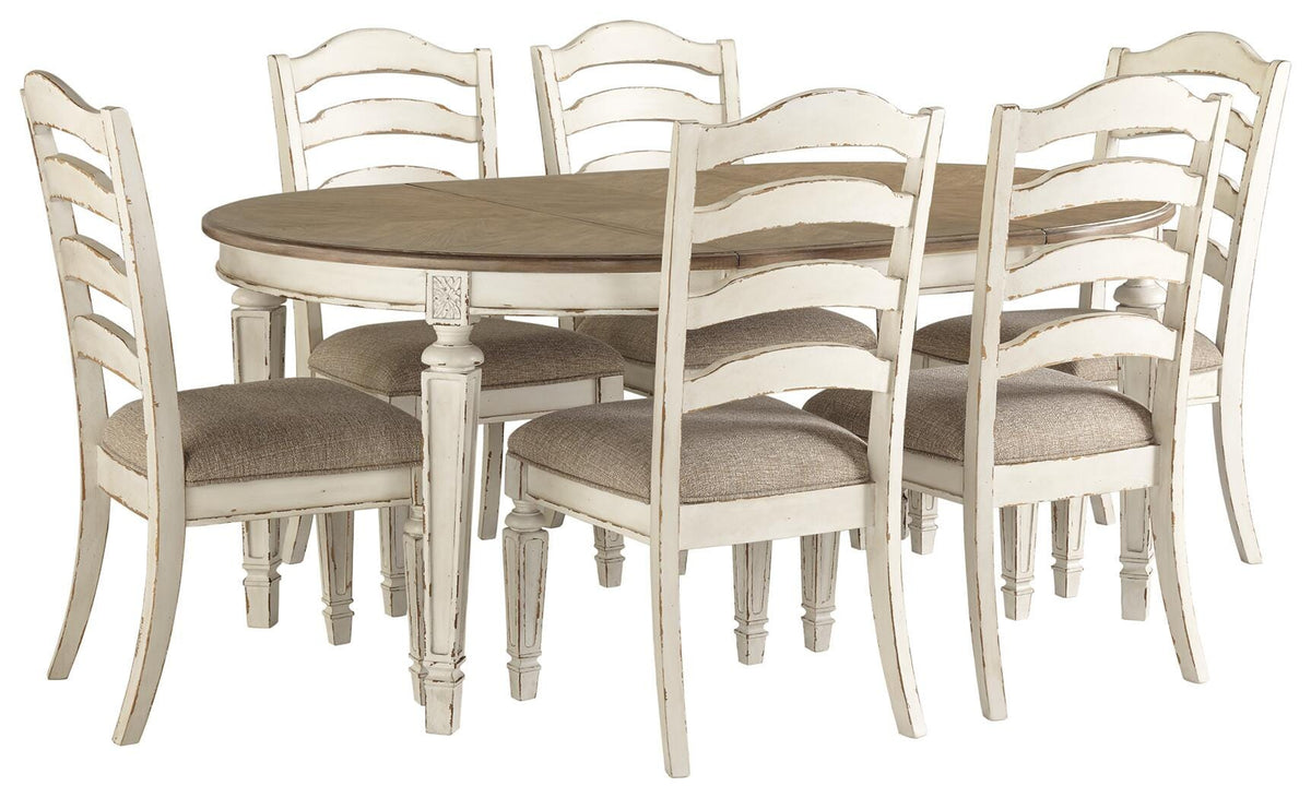 Realyn Chipped White Oval Dining Table and 6 Ladder Back Chairs by Ashley at Eve Furniture