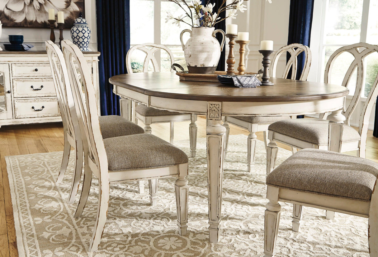 Realyn Chipped White Oval Extendable Round/Oval Ribbon Dining Set by Ashley at Eve Furniture