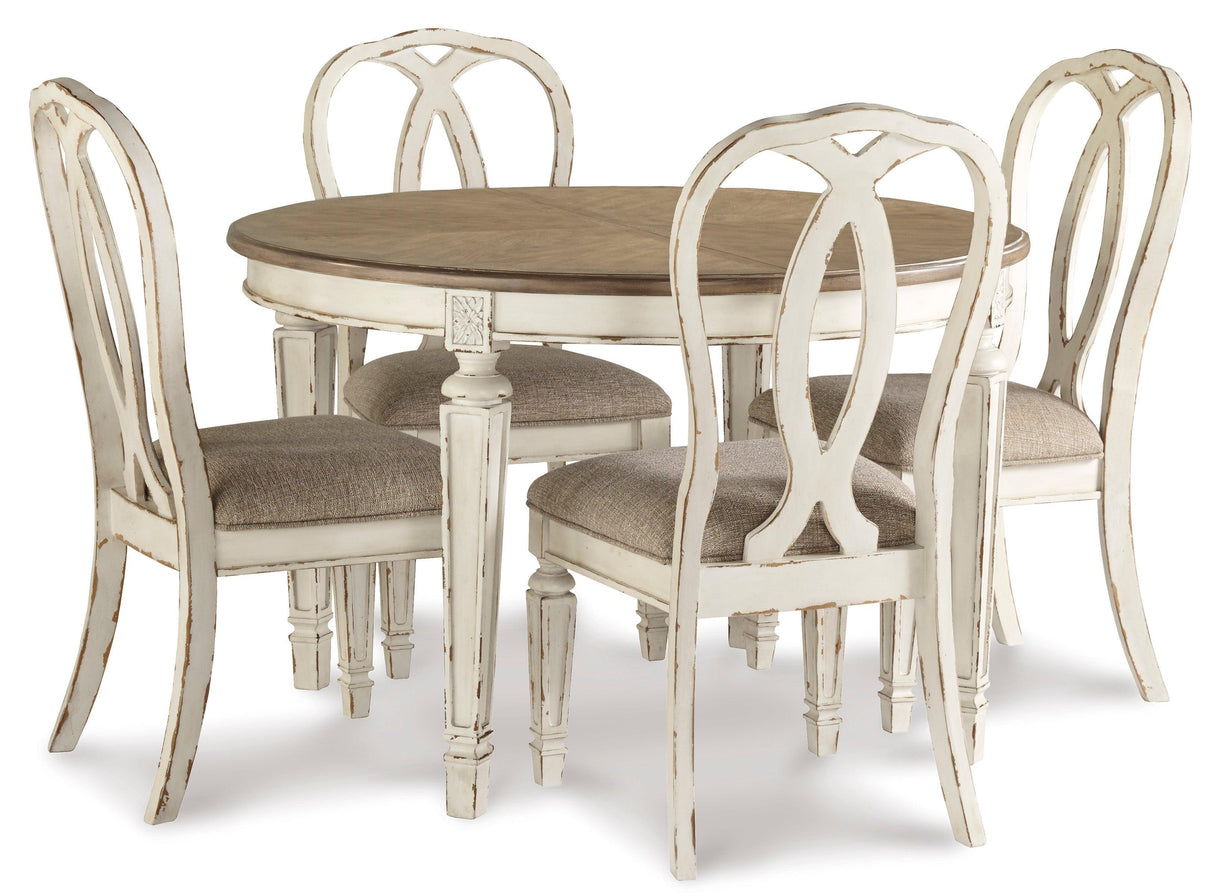 Realyn Chipped White Oval Extendable Round/Oval Ribbon Dining Set by Ashley at Eve Furniture