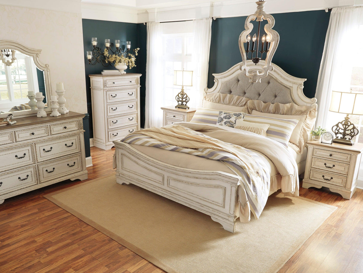 Realyn Chipped White Upholstered Panel Bedroom Set by Ashley at Eve Furniture