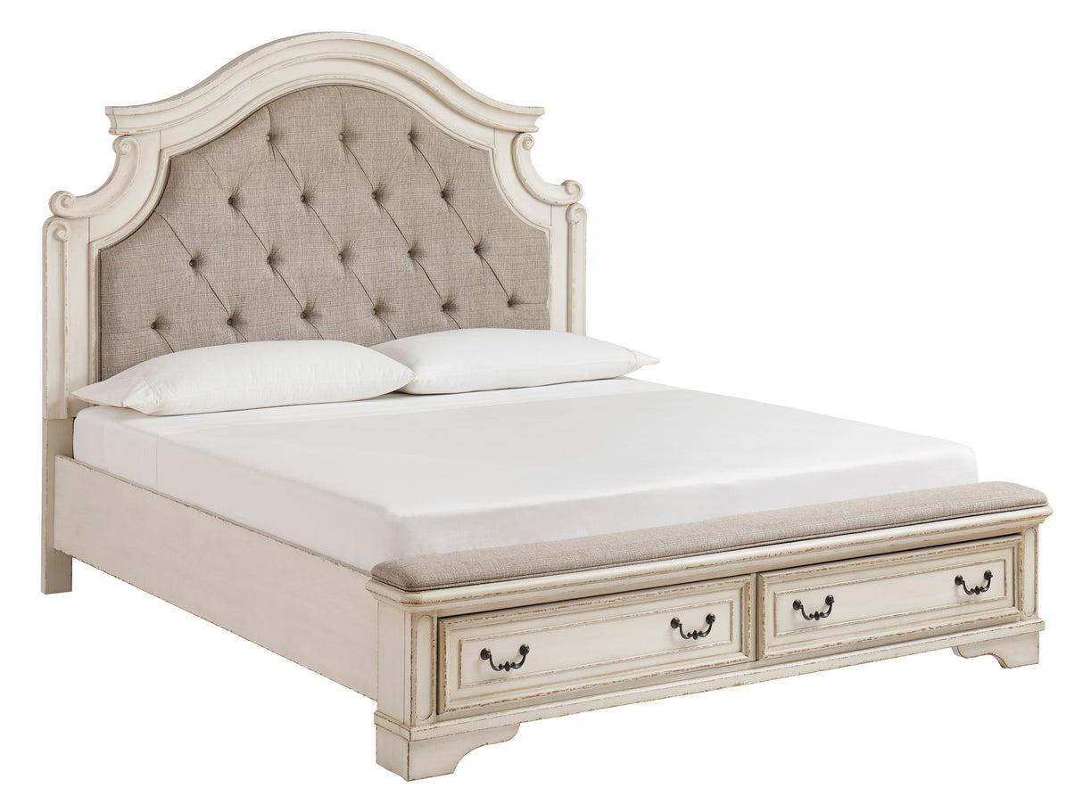 Realyn Chipped White Upholstered Storage Platform Bedroom Set with Footboard Bench by Ashley at Eve Furniture