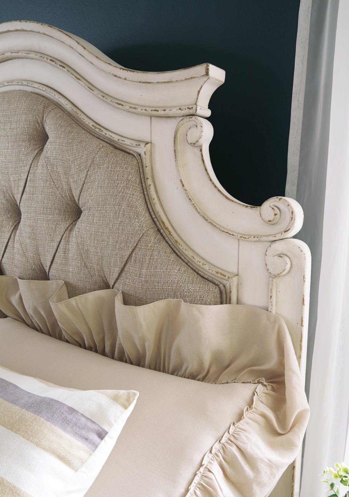 Realyn Chipped White Upholstered Storage Platform Bedroom Set with Footboard Bench by Ashley at Eve Furniture
