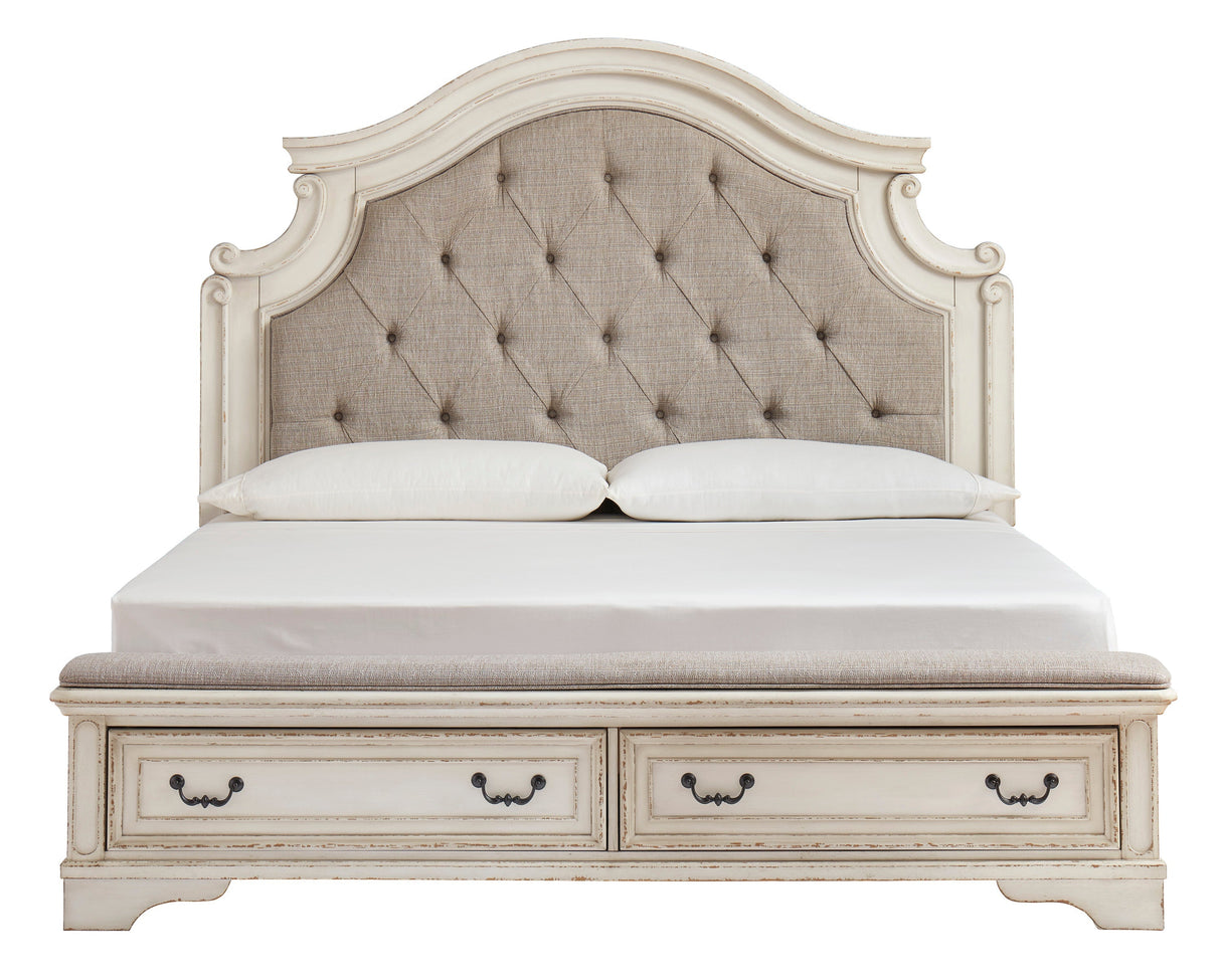 Realyn Chipped White Upholstered Storage Platform Bedroom Set with Footboard Bench by Ashley at Eve Furniture