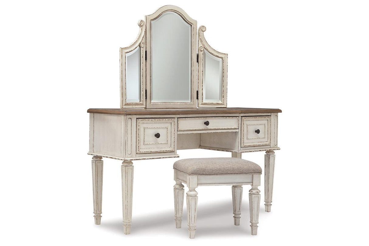 Realyn Two-tone Vanity and Mirror with Stool by Ashley at Eve Furniture