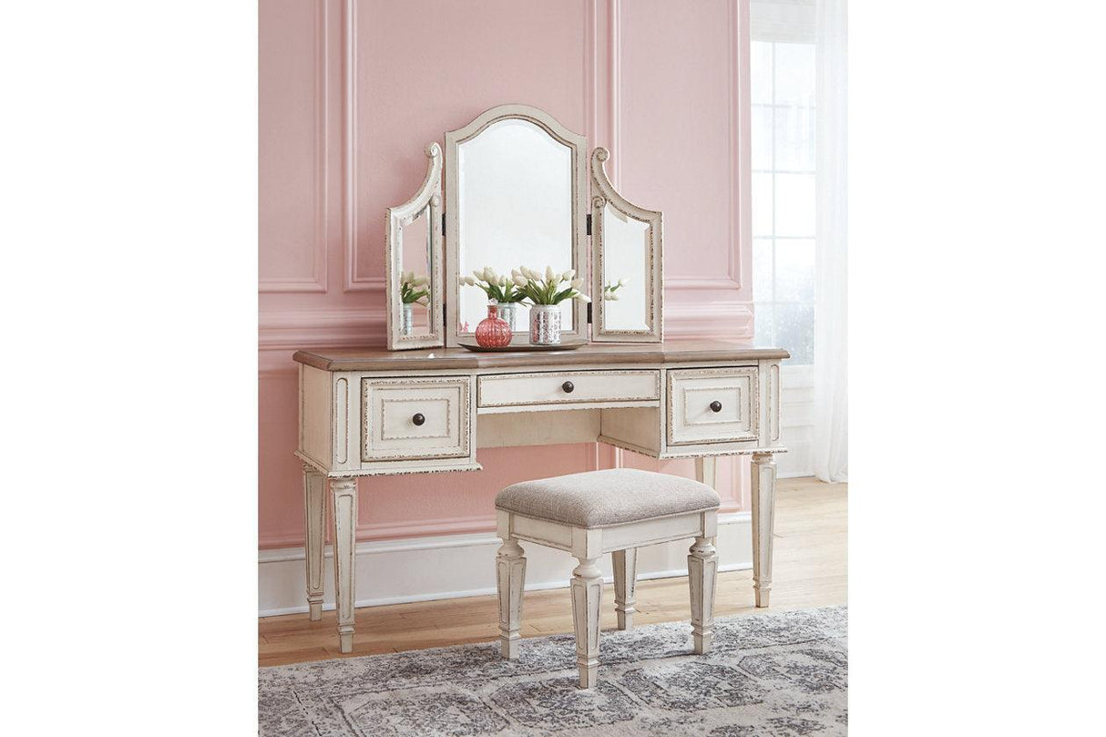 Realyn Two-tone Vanity and Mirror with Stool by Ashley at Eve Furniture