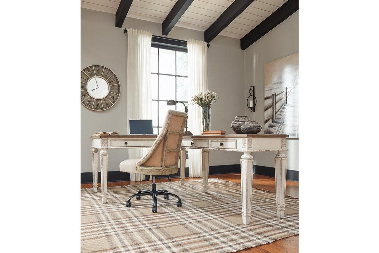Realyn White/Brown 2-Piece Home Office Lift Top Desk by Ashley at Eve Furniture