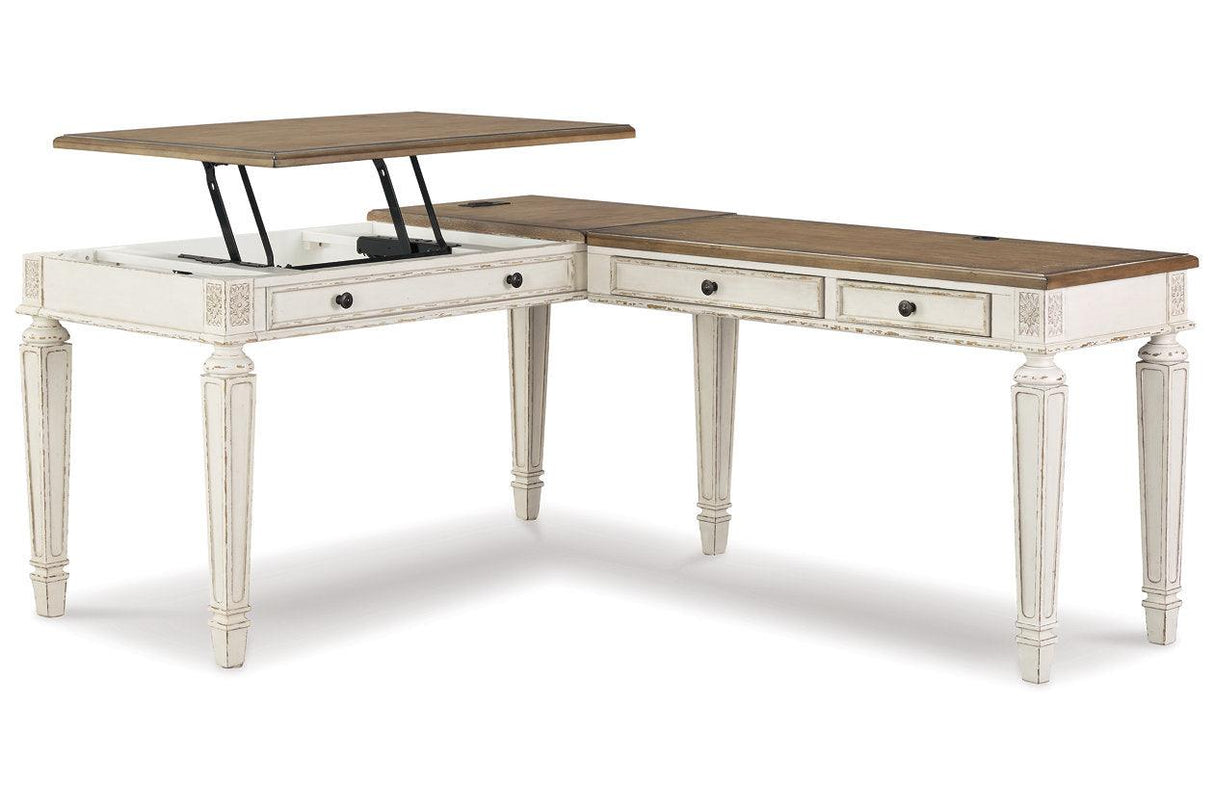 Realyn White/Brown 2-Piece Home Office Lift Top Desk by Ashley at Eve Furniture
