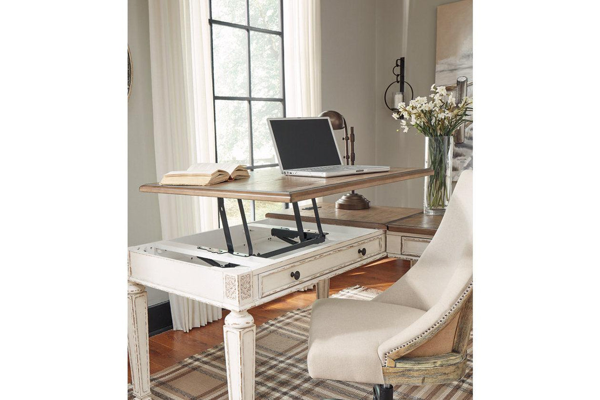 Realyn White/Brown 2-Piece Home Office Lift Top Desk by Ashley at Eve Furniture