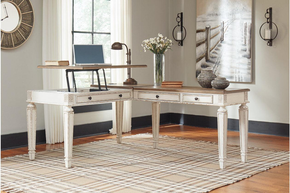 Realyn White/Brown 2-Piece Home Office Lift Top Desk by Ashley at Eve Furniture