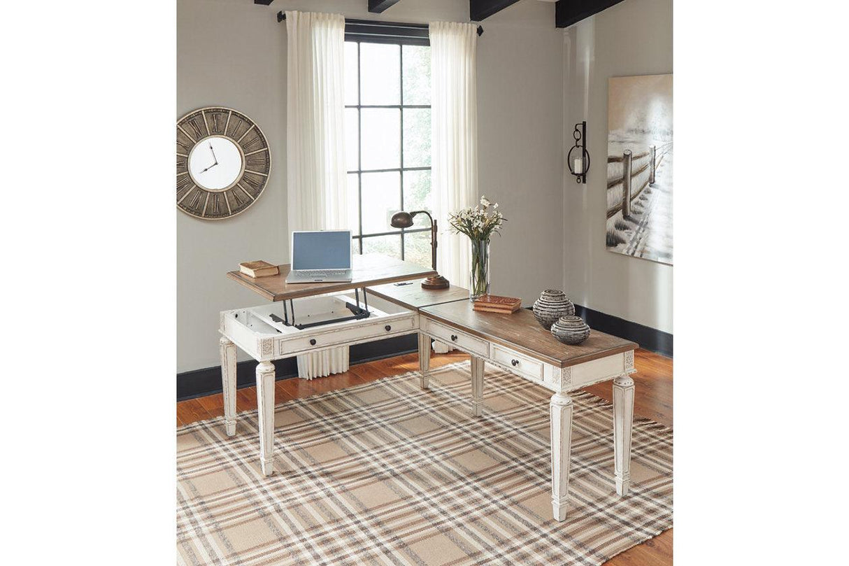 Realyn White/Brown 2-Piece Home Office Lift Top Desk by Ashley at Eve Furniture
