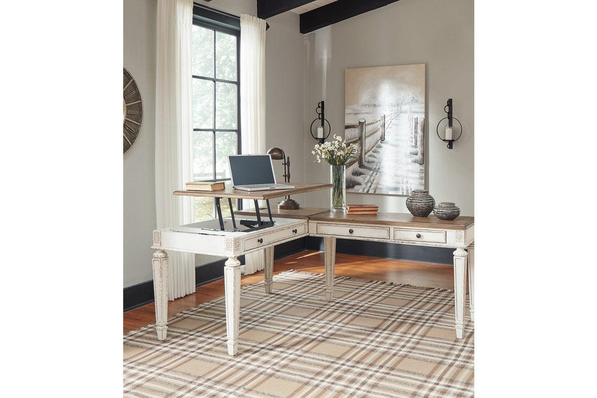 Realyn White/Brown 2-Piece Home Office Lift Top Desk by Ashley at Eve Furniture