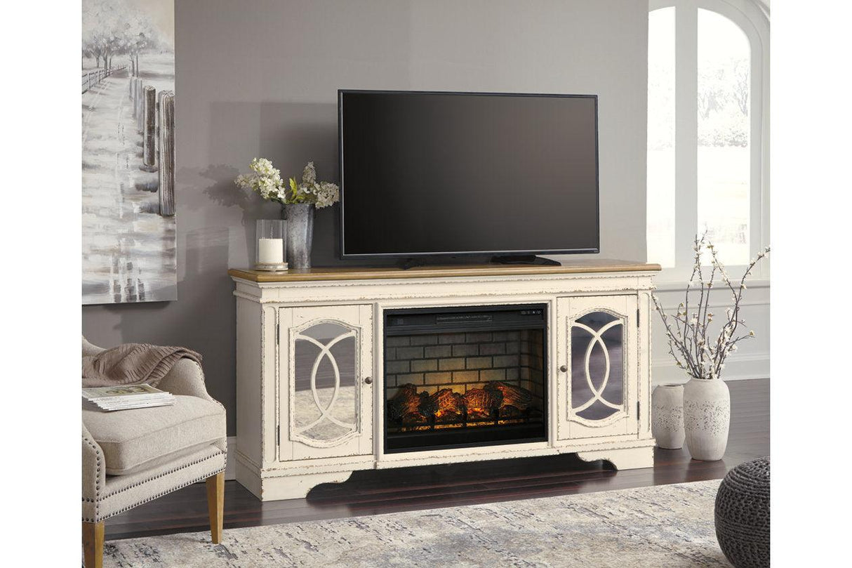 Realyn Chipped White 74" TV Stand with Electric Fireplace by Ashley at Eve Furniture
