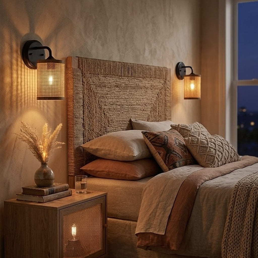 Reef 1-Light Rattan Wall Sconce with Black Metal Finish by Ashcroft Furniture at Eve Furniture