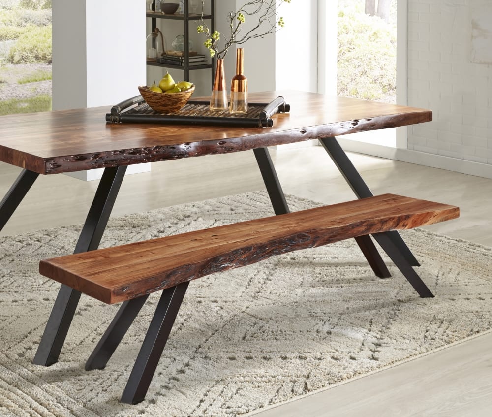 Reese Natural Acacia Live Edge Solid Wood Metal Leg Dining Bench by Modus Furniture at Eve Furniture
