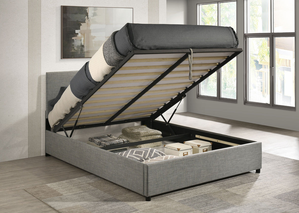 Reeves Grey Upholstered Eastern King Lift-top Storage Platform Bed by Coaster at Eve Furniture