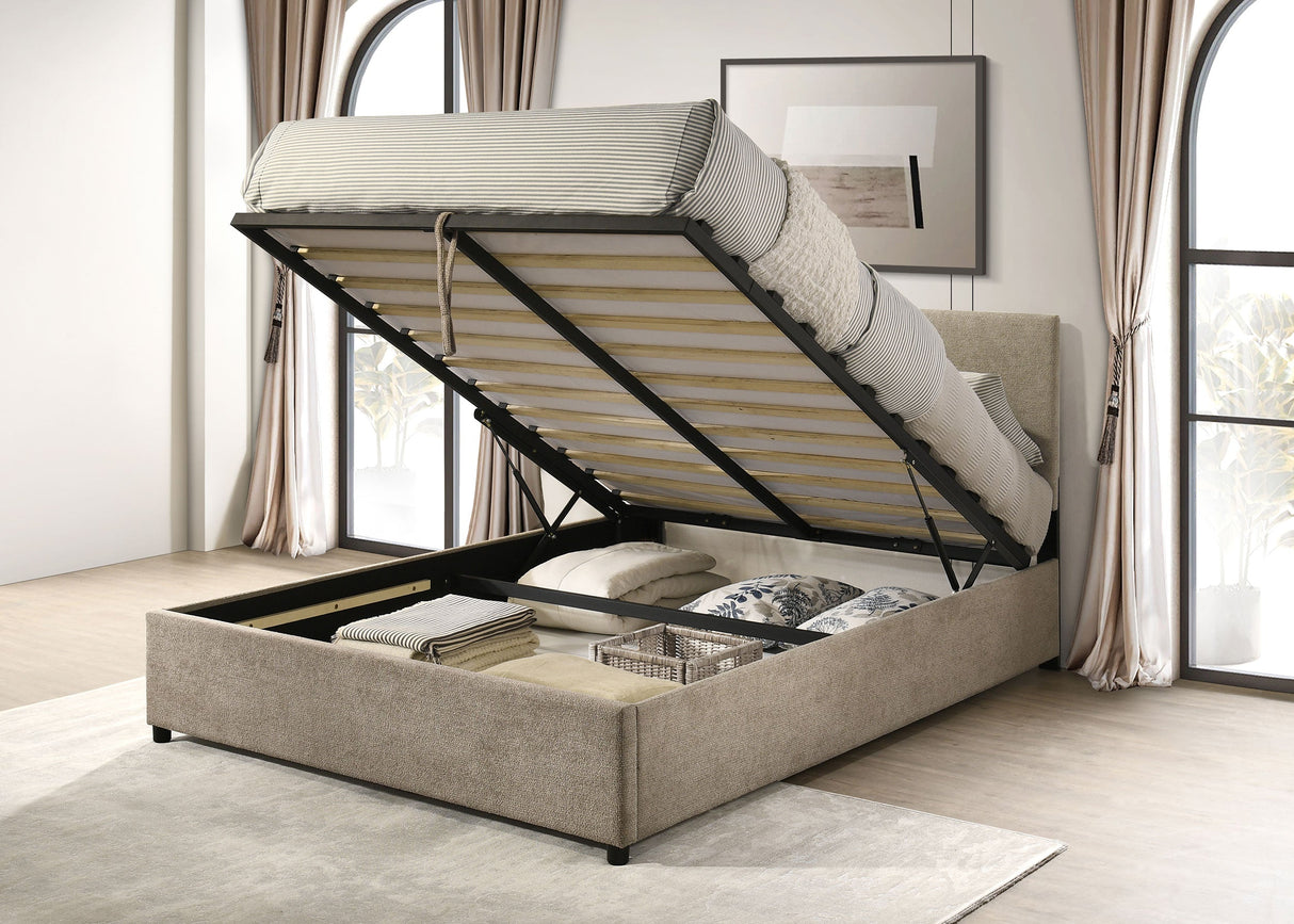 Reeves Tan Upholstered Eastern King Lift-top Storage Platform Bed by Coaster at Eve Furniture