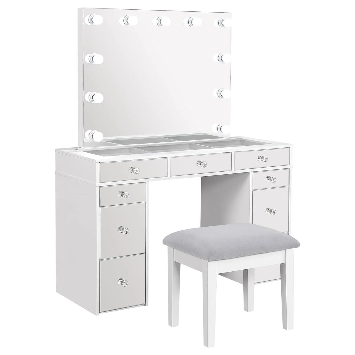 Regina White 3-piece Makeup Vanity Table Set Hollywood Lighting Mirror by Coaster at Eve Furniture