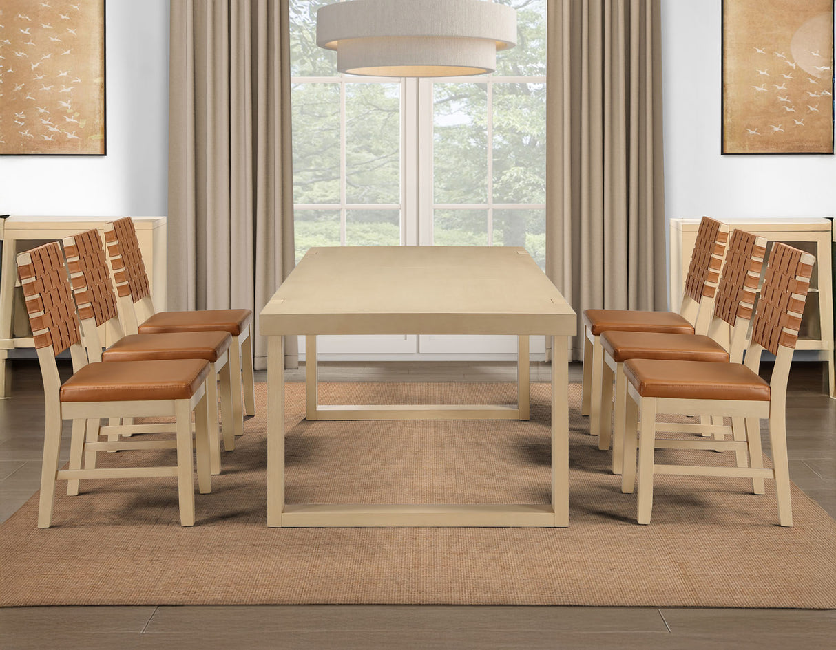 Reid Camel Vegan Leather 5-Piece 77-95″ Dining Set, Sand Finish by Steve Silver at Eve Furniture